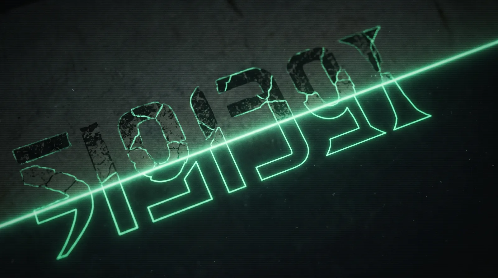 Damaged printed glyphs being re-traced into crisp letterforms by a green scanning beam