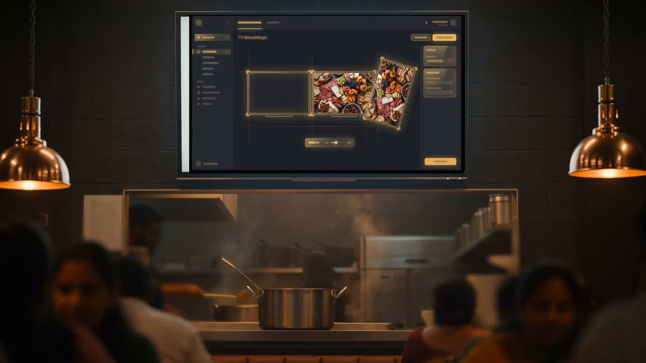 A digital menu-board wall concept rendering on a screen above a busy restaurant counter at dusk