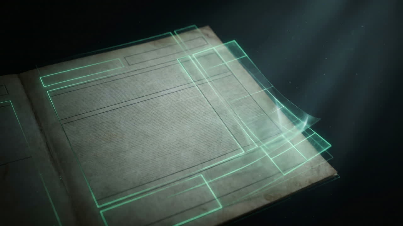 A scanned page separates into glowing structured field and table layers